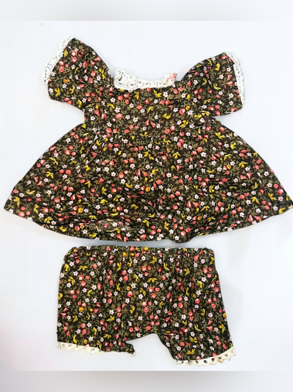 Vintage Brown Floral 2 Pc Baby Doll Dress & Bloomers Set With White Lace Trim